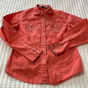 Cruel Coral Embellished Western Pearl Snap Long Sleeve Shirt Size L